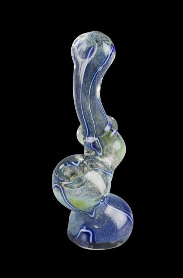 Front view of the Worked Fritted Bubbler Hand Pipe - Boomer, featuring a swirled blue and clear glass design.
