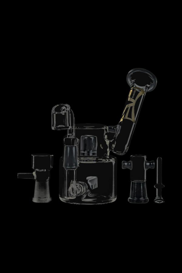 Front view of the Evolution Morning Glory Sidecar Dab Rig, showcasing the clear glass rig’s curved design and sidecar attachment.