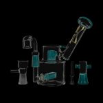 A detailed, angled view of the Evolution Morning Glory Sidecar Dab Rig in clear glass, with visible joints and a compact design.