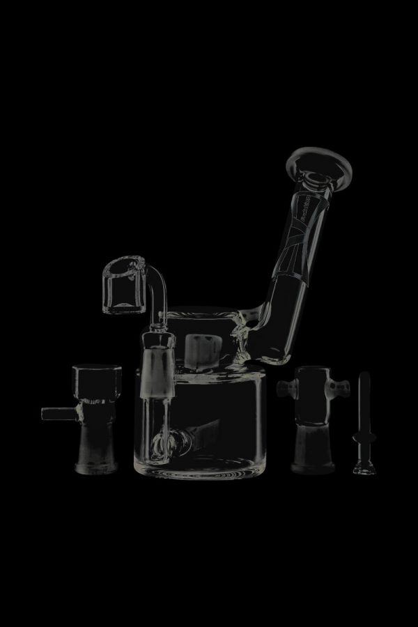 A three-quarter view of the Evolution Morning Glory Sidecar Dab Rig, showcasing its clear glass construction and curved design.