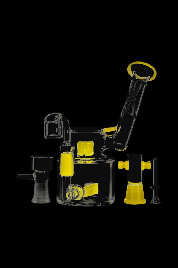 A studio shot of the Evolution Morning Glory Sidecar Dab Rig, showcasing its curved glass and sidecar attachment.