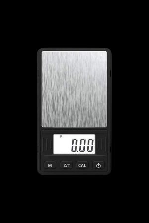 Front view of the Truweigh Riot Scale, displaying a digital readout on its black, compact surface.