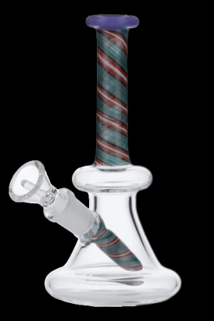 Clear glass bong with red and green striped accents.