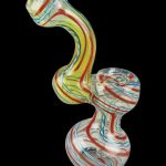 A side view of the Swirl Stripped Mini Bubbler Glass Pipe, showcasing its colorful, swirling glass design.