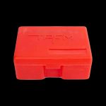 Red cannabis storage box with “TPFM” logo.