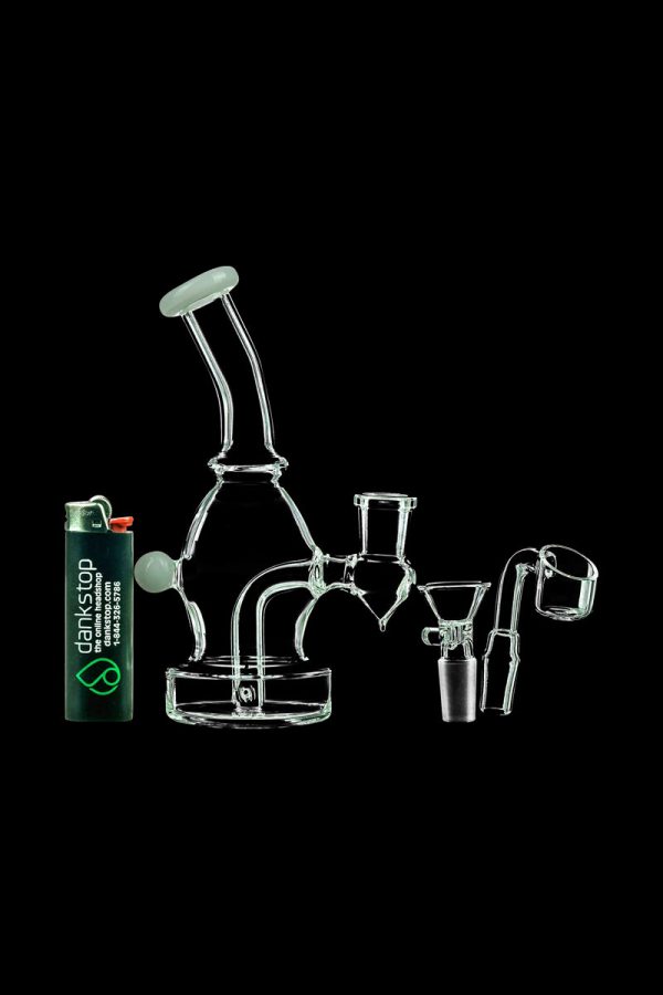 A studio shot of the DankStop Curved Body Dab Rig With Colored Accents, showing its sleek, curved form and colorful glass accents.