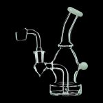 A studio shot of the DankStop Curved Body Dab Rig With Colored Accents, showcasing its curved glass form and colorful joint accents.