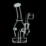 A three-quarter view of the DankStop Curved Body Dab Rig With Colored Accents, showcasing its clear glass construction and curved design.