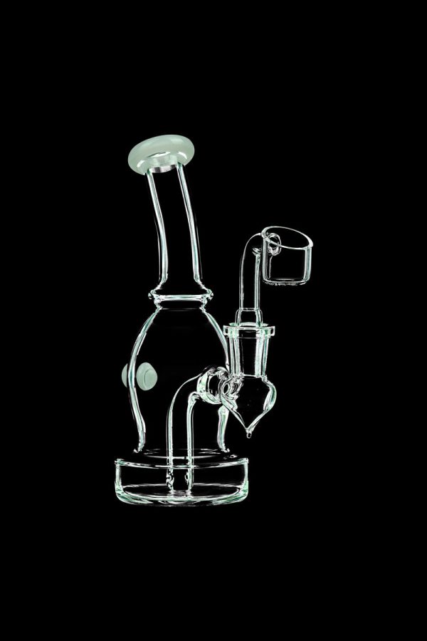A three-quarter view of the DankStop Curved Body Dab Rig With Colored Accents, showcasing its clear glass construction and curved design.
