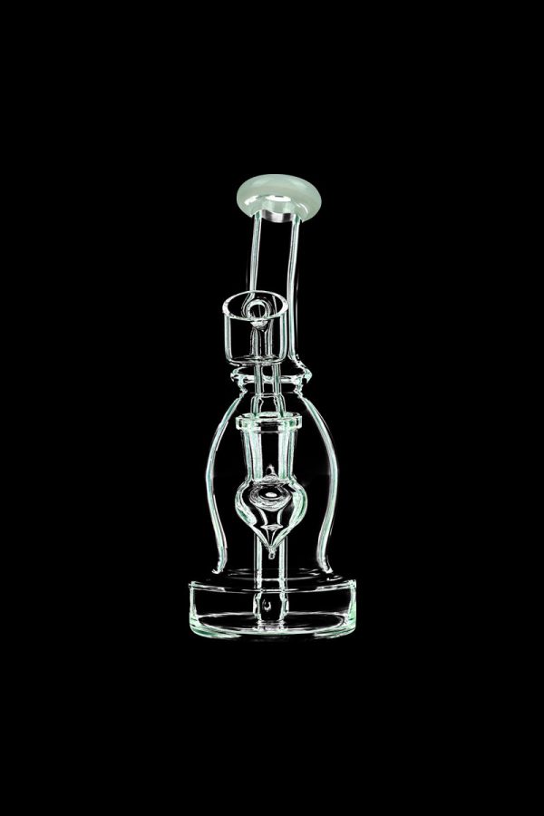 A front view of the DankStop Curved Body Dab Rig With Colored Accents, showcasing its curved glass body and colorful accents.