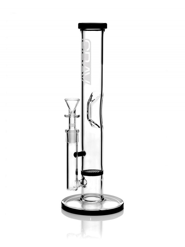A front view of the GRAV® Medium 12 Inch Straight Tube, showcasing its black accents against clear glass.