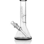 A front view of the GRAV® Small 8" Classic Beaker with Black Accents, showcasing its clear glass construction and simple beaker shape.