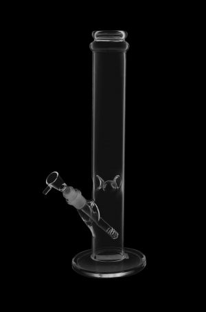 Clear glass bong with ice catcher and diffused downstem against a black background.