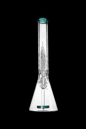 Clear glass bong with bubbling water, isolated on black.