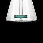 Clear glass bong with a green percolator visible inside, isolated on a black background.