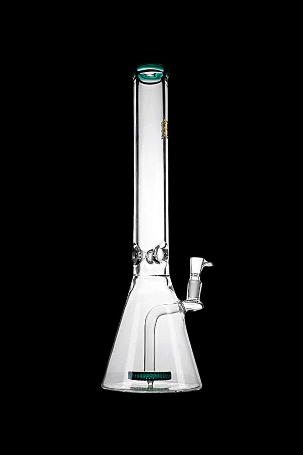 Clear glass bong with ice catcher and wide base, isolated on black.