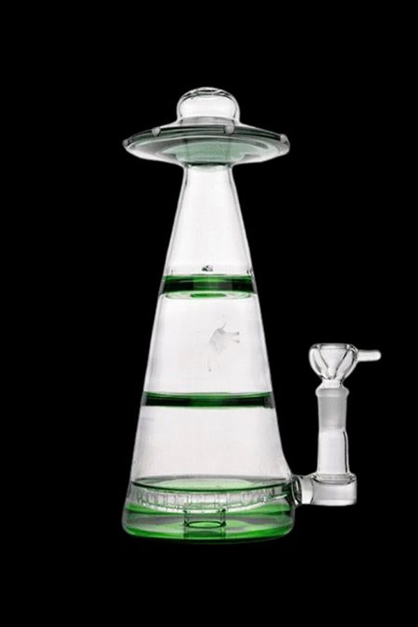 Green and clear glass water pipe shaped like a UFO with a glass bowl attachment.