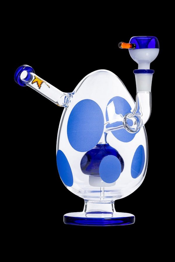 Blue and clear glass water pipe with polka dot design.