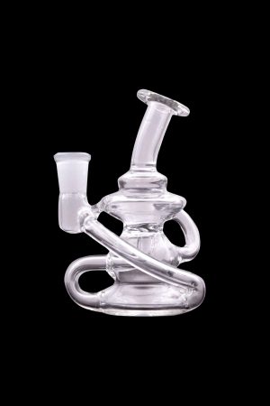 Clear glass water pipe (rig) with intricate looping design, isolated on a black background.