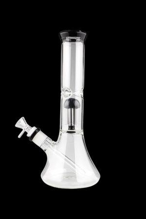 Clear glass bong with percolator, isolated on a black background.