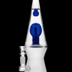 Clear glass water pipe (bong) with blue glass accents, studio shot on a black background.