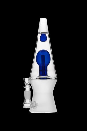 Clear glass water pipe (bong) with blue glass accents, studio shot on a black background.