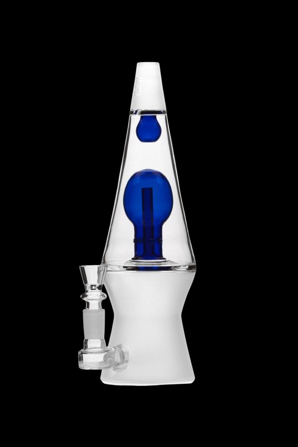 Clear glass water pipe (bong) with blue glass accents, studio shot on a black background.