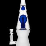 Clear glass water pipe with blue accents and a removable bowl.