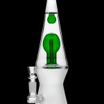 Clear glass water pipe with green accents, resembling a lava lamp.