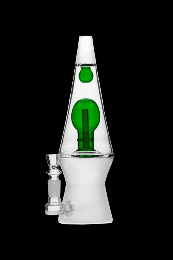Clear glass water pipe with green accents, resembling a lava lamp.