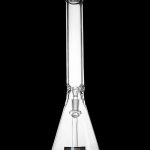 Clear glass bong with a wide base and narrow neck, studio shot on a black background.