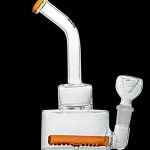 Clear glass water pipe (rig) with orange accents and a glass bowl.