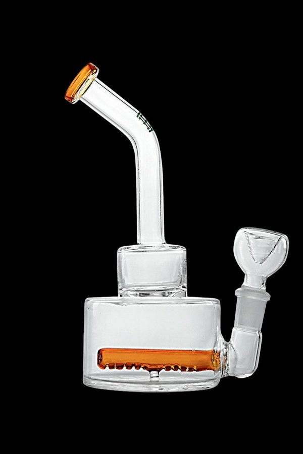 Clear glass water pipe (rig) with orange accents and a glass bowl.