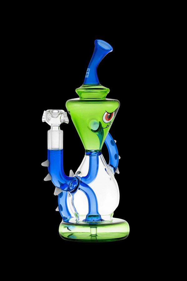 Green and blue glass rig with monster-themed design.