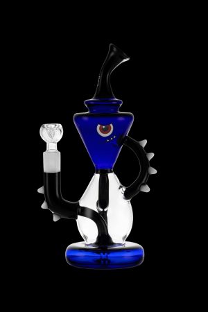 Blue and black glass water pipe (rig) with intricate design and quartz banger.