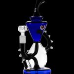 Blue glass water pipe (rig) with intricate design and silver accents, isolated on a black background.