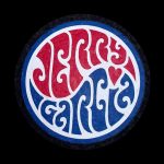 Circular sticker featuring stylized lettering of "Jerry Garcia" in red and blue with heart and swirl motifs, isolated on a black background.