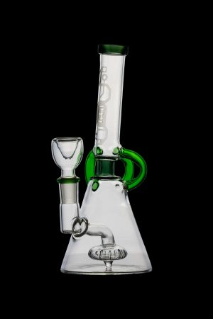 Green and clear glass bong with a flared base and removable bowl.