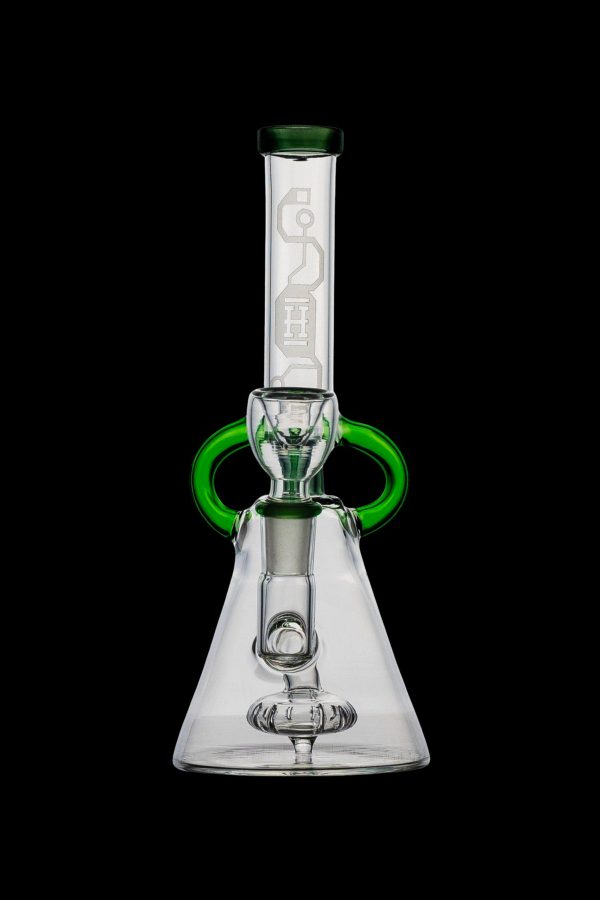 Clear glass bong with green accents and percolator filtration system.