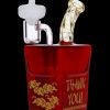 Red glass water pipe shaped like a Chinese takeout container with gold lettering that reads "THANK YOU!".