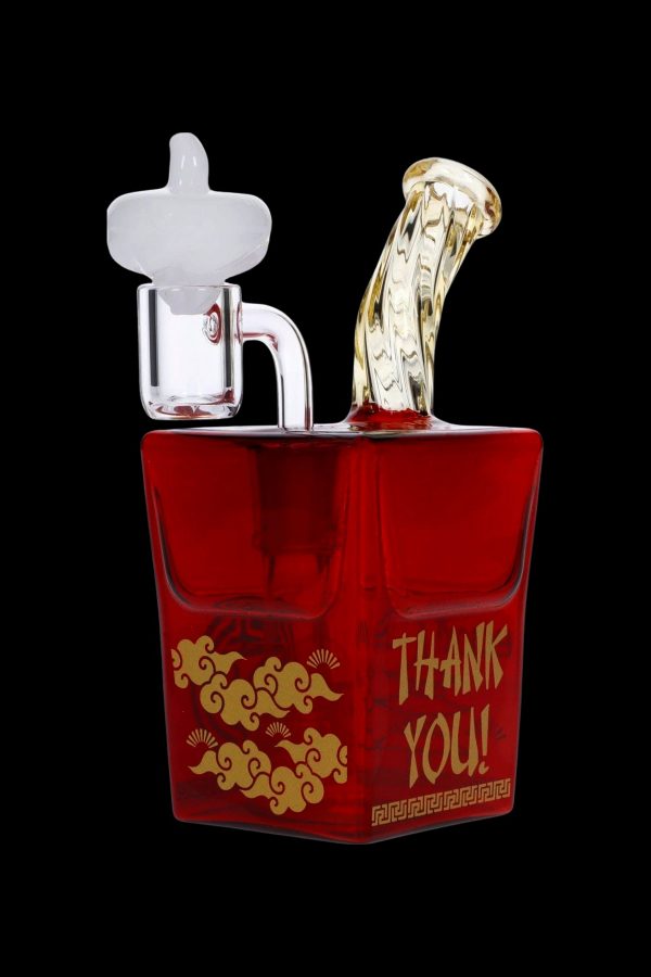 Red glass water pipe shaped like a Chinese takeout container with gold lettering that reads "THANK YOU!".