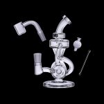 Clear glass dab rig with attachments on a black background.