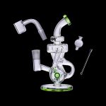 Clear glass dab rig with green accents, including a quartz banger, carb cap, and dab tool, isolated on a black background.