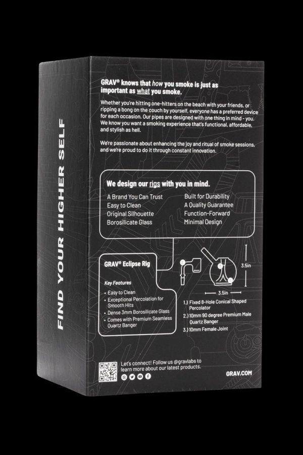Product packaging for a GRAV Eclipse Rig, a water pipe for cannabis consumption, featuring specifications, design details, and social media information.