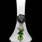Clear glass bubbler water pipe with green sculpted accents and a black mouthpiece.