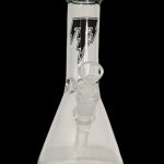 Clear glass beaker bong with black lightning bolt design.