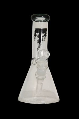 Clear glass beaker bong with black lightning bolt design.