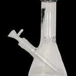 Glass bong with black accents against a black background.