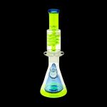 Green and blue glass water pipe (bong) against a black background.