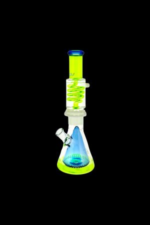 Green and blue glass bong with swirling design.
